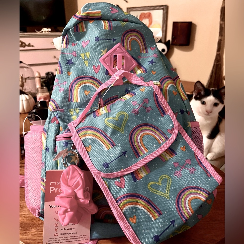 New 5 Piece Rainbow Backpack Lunch Bag Pencil Case Water Bottle Set